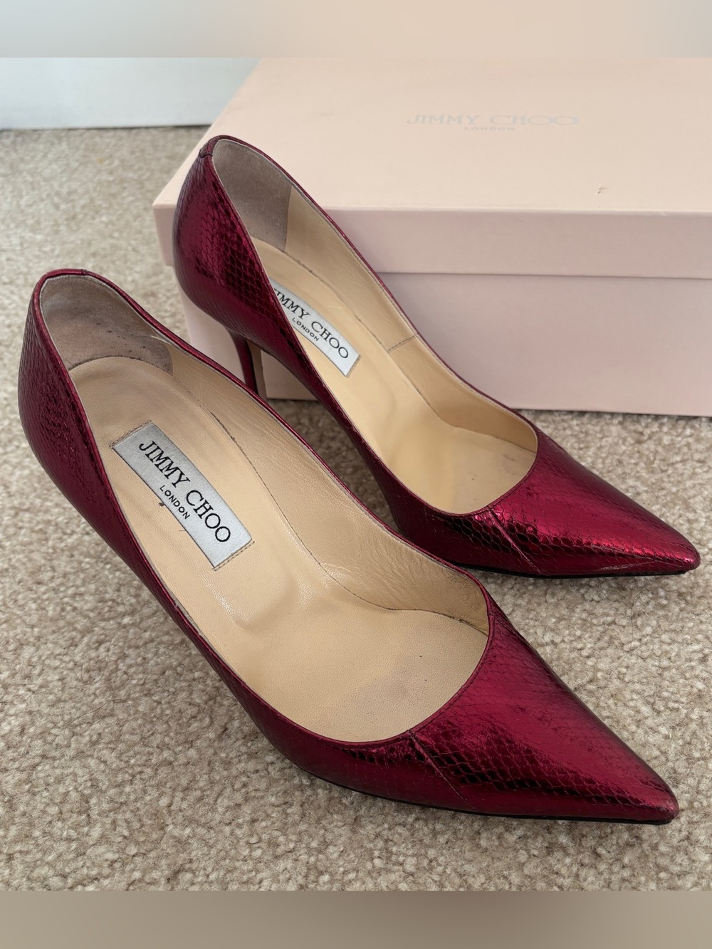 Jimmy Choo Metallic Watersnake Abel Pumps in Claret - Size 38.5